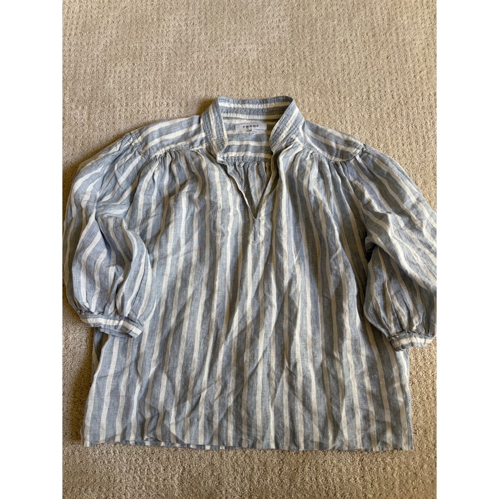 FRAME 100% Linen Blouse Womens Medium Blue White Stripe Puff Sleeve Coastal